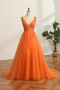 Princess A Line V Neck Orange Long Prom Dress with Appliques