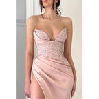 Sexy V-neck High Split Satin Pleated Long Prom Formal Dress