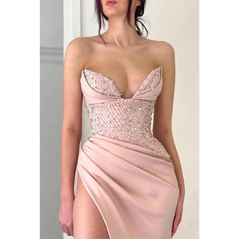 Sexy V-neck High Split Satin Pleated Long Prom Formal Dress
