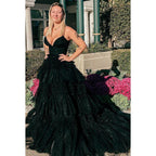 V-Neck Spaghetti Straps Ruched Tulle A-Line Long Homecoming Court Dress