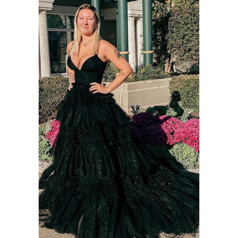 V-Neck Spaghetti Straps Ruched Tulle A-Line Long Homecoming Court Dress