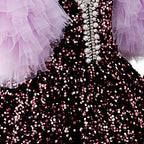 Toddler Ball Gowns Girl Communion Purple Sequin Long Puff Sleeves Princess Pageant Dress