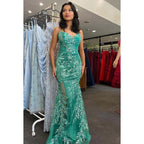 V-Neck Spaghetti Straps Lace Appliqued Beaded Sheath Long Prom Gown