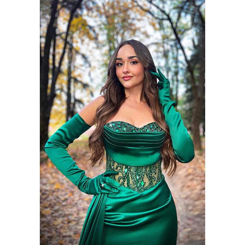 Sweetheart Strapless Appliqued Ruched Satin Sheath Long Prom Evening Dress