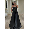 V-Neck Spaghetti Straps Sequined Satin A-Line Long Evening Dress
