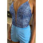 Plunging V-neck Detachable Train Prom Homecoming Dress with Slit