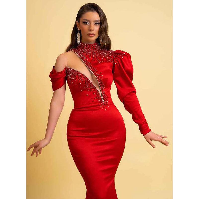 Uniqe High Neck Satin Beads Long Sleeves Red Elegant Formal Party Dress