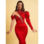 Uniqe High Neck Satin Beads Long Sleeves Red Elegant Formal Party Dress