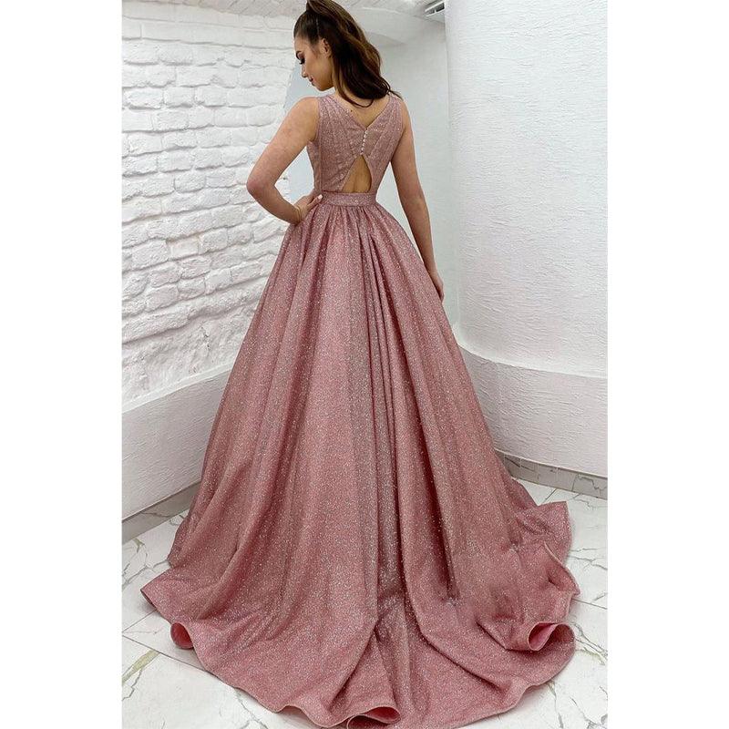 Pluning V-neck Pink Tulle Sparkly Prom Dress with Pockets