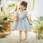 Baby Girl Dress Toddler Communion Summer Blue Round Neck Puff Sleeve Birthday Party Dress