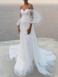 Beach Boho Wedding Dresses A-Line Off Shoulder 3/4 Length Sleeve Court Train Satin Bridal Gowns With Solid Color