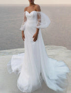 Beach Boho Wedding Dresses A-Line Off Shoulder 3/4 Length Sleeve Court Train Satin Bridal Gowns With Solid Color