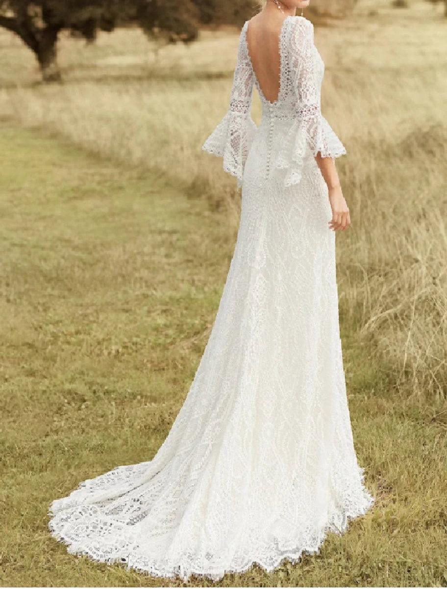 Beach Boho Wedding Dresses A-Line Scoop Neck Long Sleeve Sweep / Brush Train Lace Bridal Gowns With Lace Solid Color