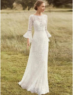 Beach Boho Wedding Dresses A-Line Scoop Neck Long Sleeve Sweep / Brush Train Lace Bridal Gowns With Lace Solid Color