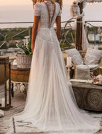 Beach Boho Wedding Dresses Court Train A-Line Short Sleeve High Neck Lace With Appliques