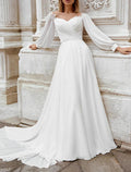 Beach Fall Wedding Dresses A-Line Off Shoulder Long Sleeve Court Train Chiffon Bridal Gowns With Appliques Solid Color