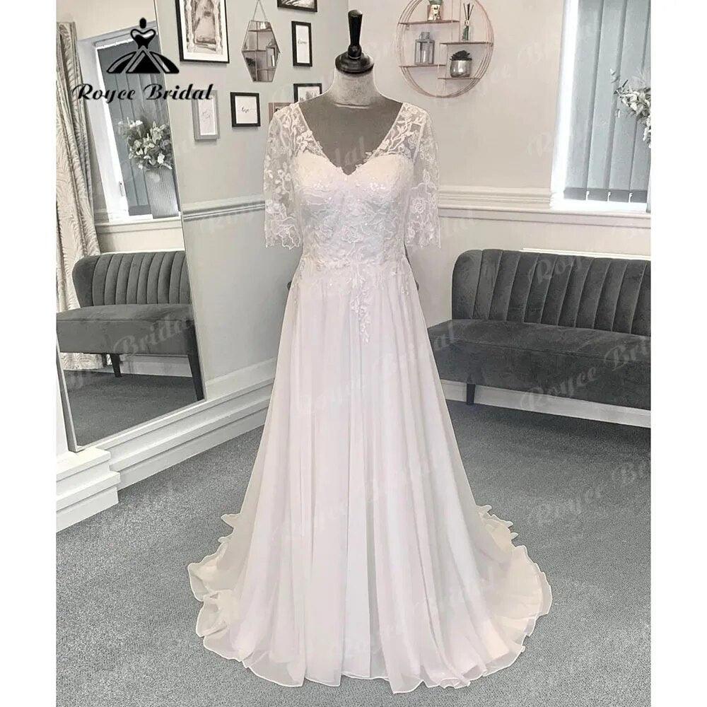 Beach Lace Bodice Chiffon V Neck Women Backless Wedding Dress with Short Sleeve Bridal Gown Sweep Vestido Novia NumberSea