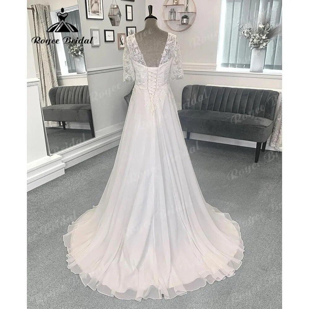 Beach Lace Bodice Chiffon V Neck Women Backless Wedding Dress with Short Sleeve Bridal Gown Sweep Vestido Novia NumberSea