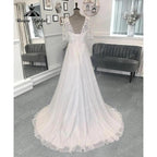 Beach Lace Bodice Chiffon V Neck Women Backless Wedding Dress with Short Sleeve Bridal Gown Sweep Vestido Novia NumberSea
