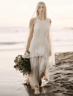 Beach Open Back Boho Wedding Dresses Court Train A-Line Sleeveless Halter Chiffon With Solid Color