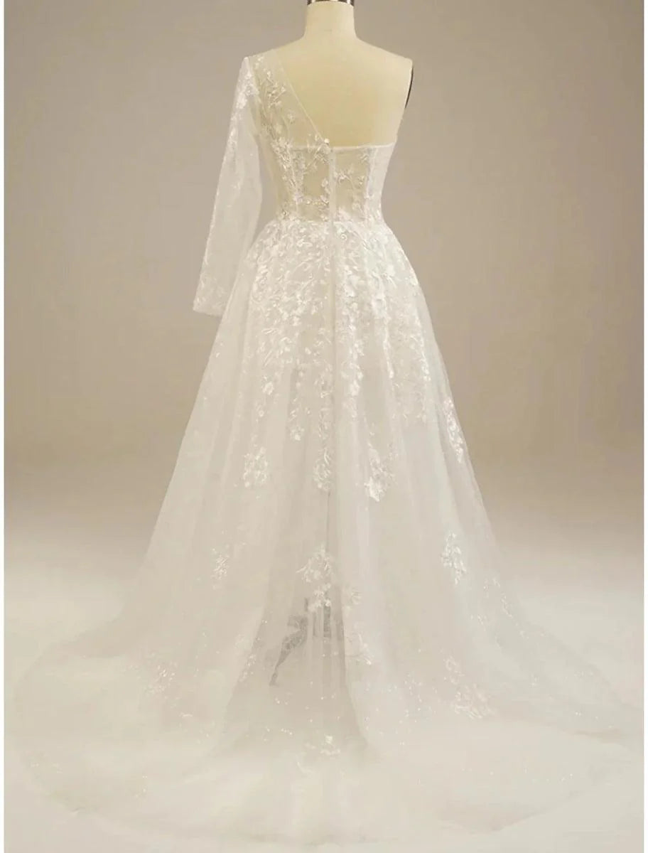 Beach Sexy Boho Wedding Dresses A-Line One Shoulder Long Sleeve Sweep / Brush Train Lace Bridal Gowns With Split Front