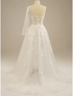 Beach Sexy Boho Wedding Dresses Court Train Sheath / Column Long Sleeve One Shoulder Lace With Split Front