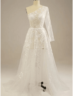 Beach Sexy Boho Wedding Dresses Court Train Sheath / Column Long Sleeve One Shoulder Lace With Split Front