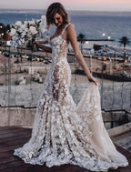 Beach Sexy Boho Wedding Dresses Mermaid / Trumpet Sweetheart Regular Straps Court Train Lace Bridal Gowns With Appliques Summer Fall Wedding Party