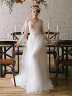 Beach V Neck A Line Tulle With Pearls Court Wedding Dresses