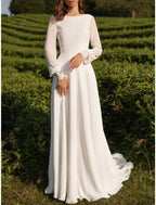 Beach Vintage Open Back Wedding Dresses A-Line Scoop Neck Long Sleeve Sweep / Brush Train Chiffon Bridal Gowns With Appliques