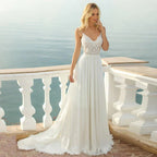 Beach Wedding Dress for Women A-Line V-neck Lace Appliques Open Back Bridal Gown