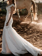 Beach Wedding Dresses Mermaid / Trumpet V Neck Cap Sleeve Court Train Lace Bridal Gowns With Appliques