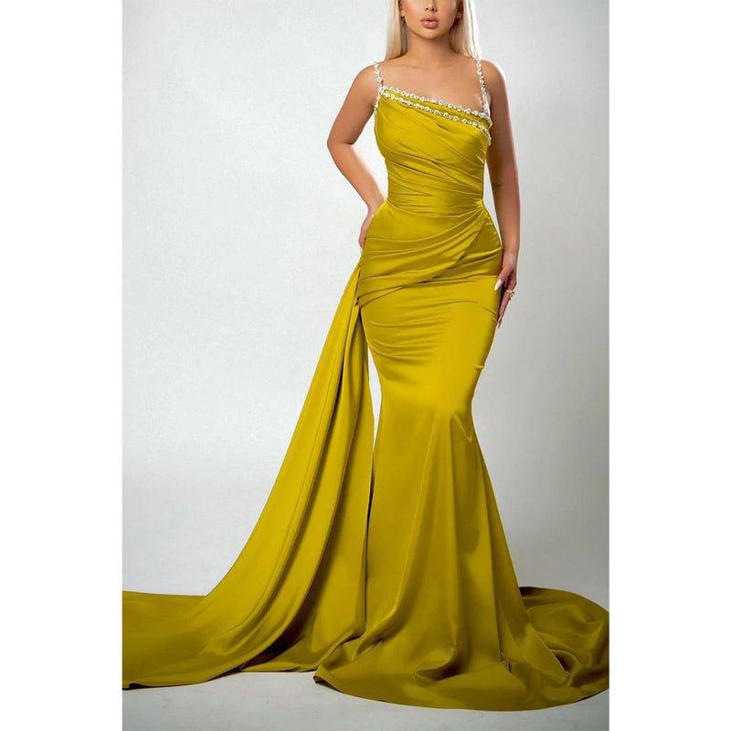 Bead Straps Pleats Mermaid Long Formal Evening Gowns