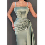 Bead Straps Pleats Sheath Long Formal Evening Dress