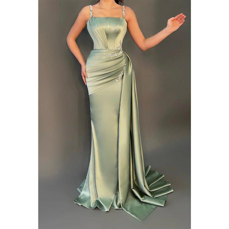 Bead Straps Pleats Sheath Long Formal Evening Dress