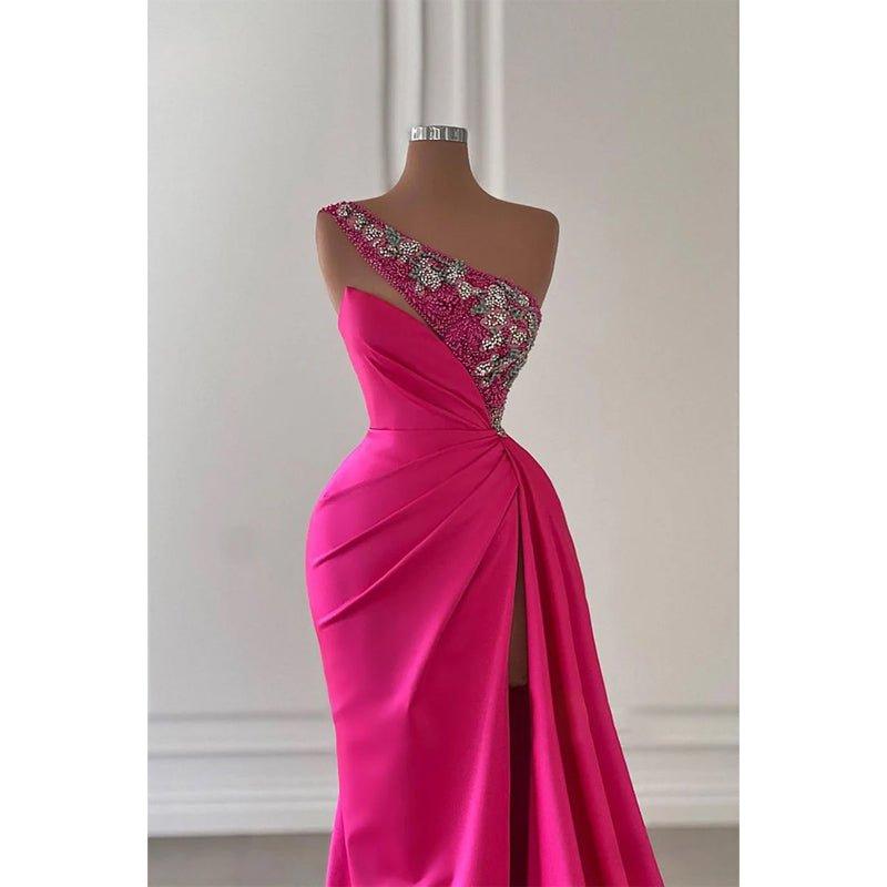 Beaded One Shoulde Pink Satin Pleats Long Prom Dress with Slit Evening Gowns