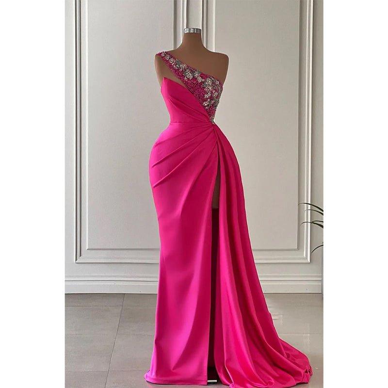 Beaded One Shoulde Pink Satin Pleats Long Prom Dress with Slit Evening Gowns