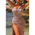 Beaded Pleats Empire with Side Slit Train One Shoulder Party Prom Evening Dress