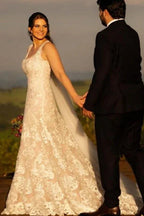 Beautiful A-Line Lace Square Sleeveless Long Wedding Dress With Appliques