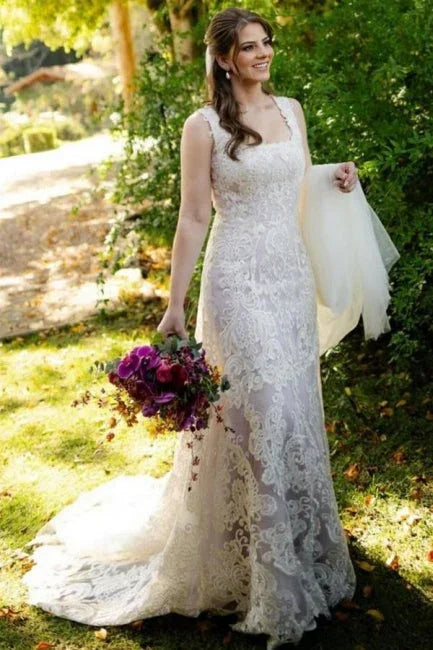 Beautiful A-Line Lace Square Sleeveless Long Wedding Dress With Appliques
