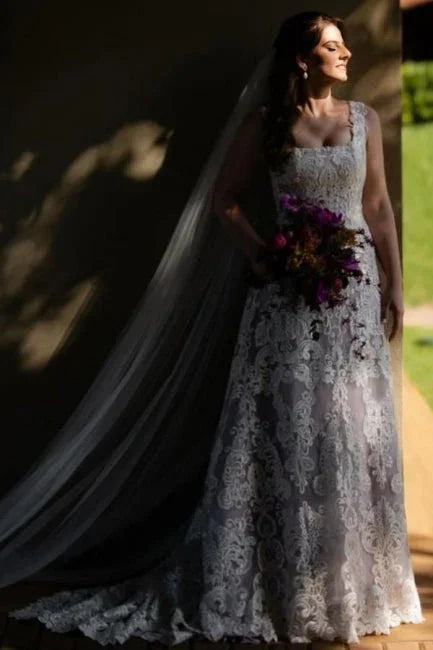 Beautiful A-Line Lace Square Sleeveless Long Wedding Dress With Appliques