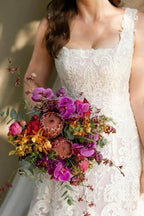 Beautiful A-Line Lace Square Sleeveless Long Wedding Dress With Appliques