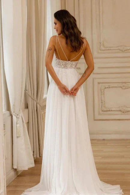Beautiful A-Line Lace V-Neck Sleeveless Wedding Dress With Appliques