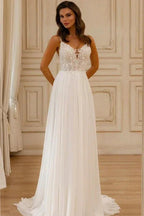 Beautiful A-Line Lace V-Neck Sleeveless Wedding Dress With Appliques