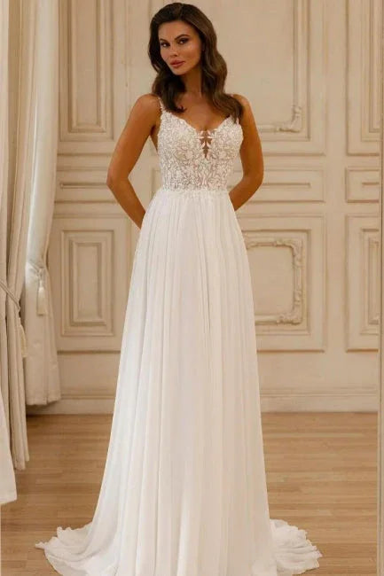 Beautiful A-Line Lace V-Neck Sleeveless Wedding Dress With Appliques
