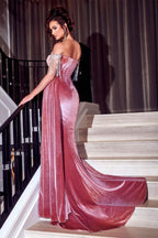 Beautiful Dusty Rose Off-the-shoulder Glitter Mermaid Prom Dress With Slit