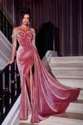 Beautiful Dusty Rose Off-the-shoulder Glitter Mermaid Prom Dress With Slit