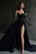 Beautiful Long Black A-line One Shoulder Sleeveless Lace Prom Dress With Sit