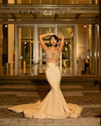 Beautiful Long Champagne Mermaid Sleeveless Beading Prom Dress With Lace