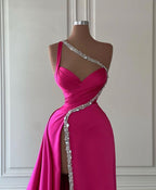 Beautiful Long Fuchsia One Shoulder Jewels Sleeveless Prom Dress With Slit